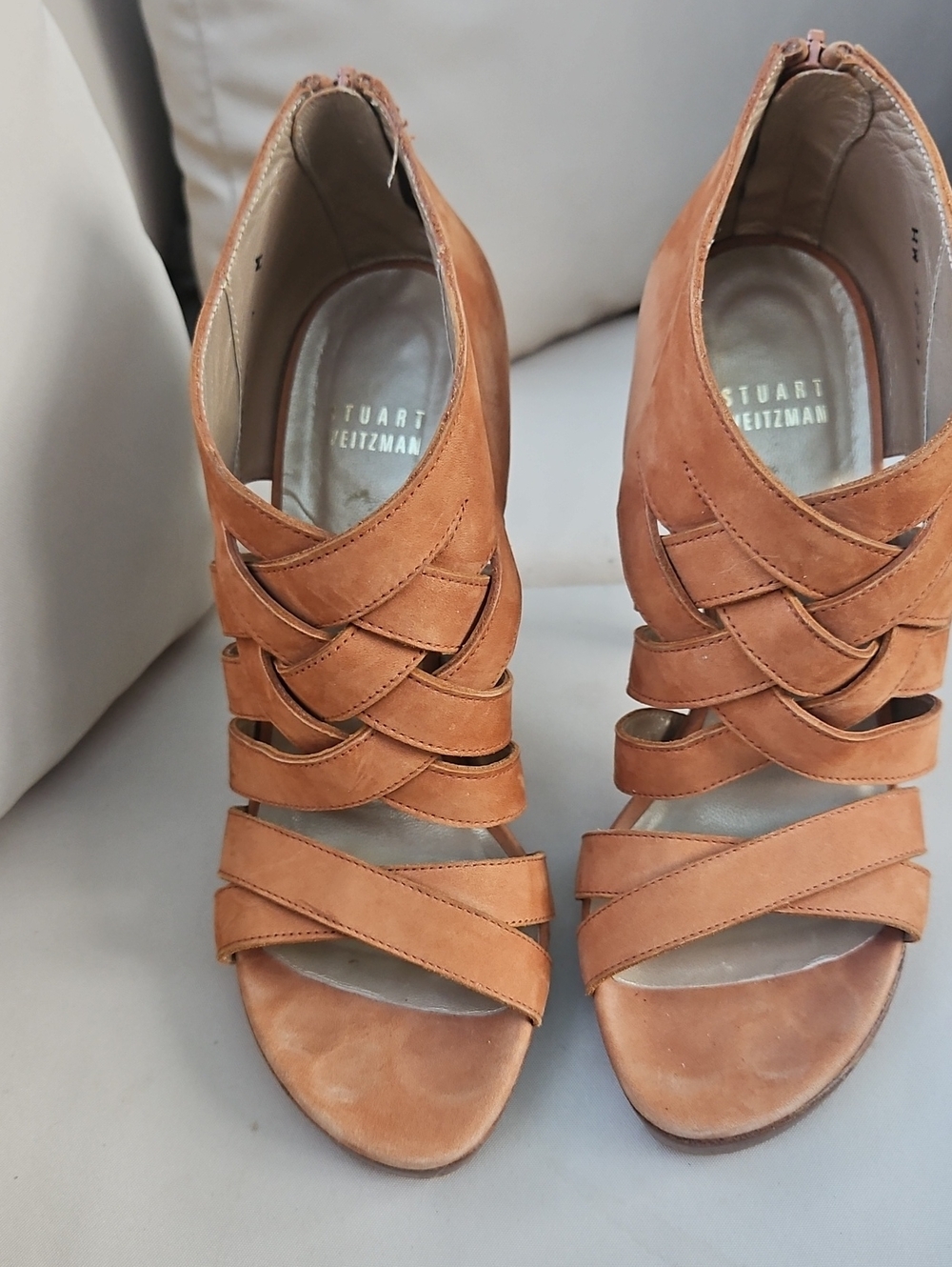 Stuart Weitzman Cognac Tan Leather Woven Strap Heels
